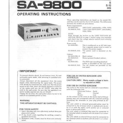Pioneer SA-9800 Amplifier Owners Manual