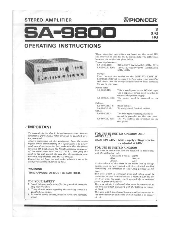 Pioneer SA-9800 Amplifier Owners Manual