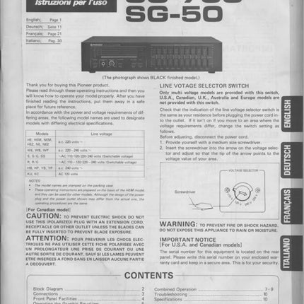 Pioneer SG-50 SG-750 Receiver Owners Manual