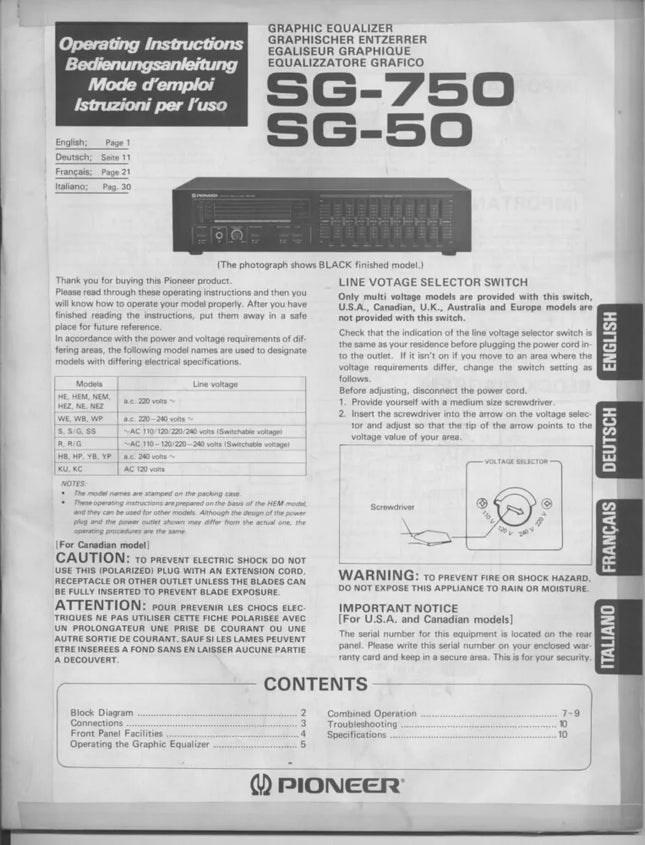 Pioneer SG-50 SG-750 Receiver Owners Manual