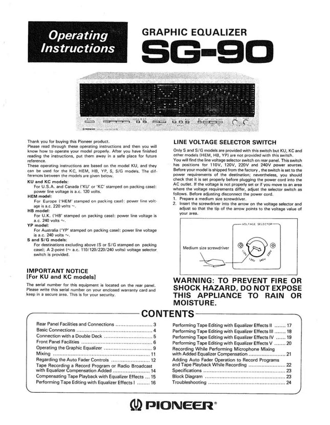 Pioneer SG-90 Receiver Owners Manual