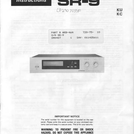 Pioneer SR-9 Receiver Owners Manual