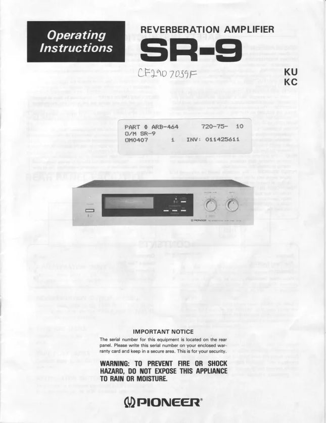 Pioneer SR-9 Receiver Owners Manual