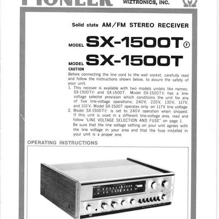Pioneer SX-1500 T Receiver Owners Manual