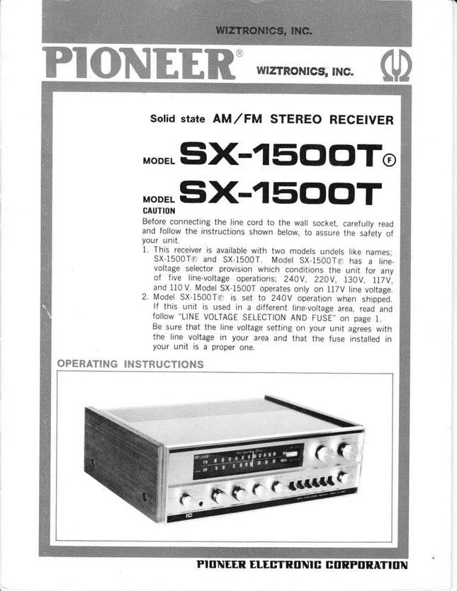 Pioneer SX-1500 T Receiver Owners Manual