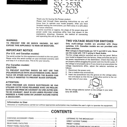 Pioneer SX-203 SX-253R SX-203 Receiver Owners Manual