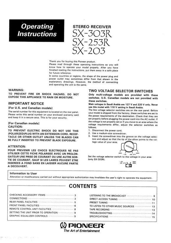 Pioneer SX-203 SX-253R SX-203 Receiver Owners Manual