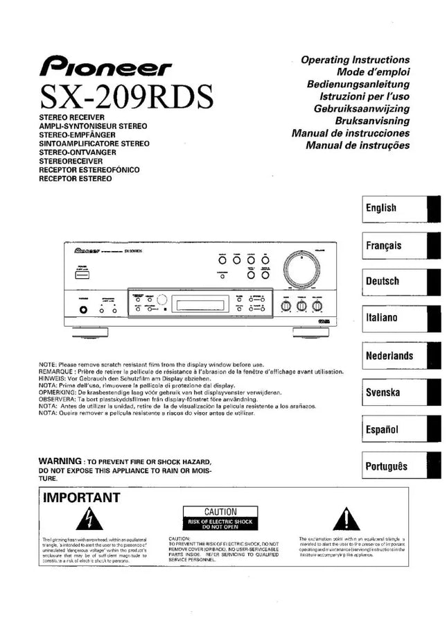 Pioneer SX-209 RDS Receiver Owners Manual