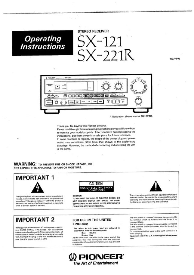 Pioneer SX-21 SX-221R Receiver Owners Manual