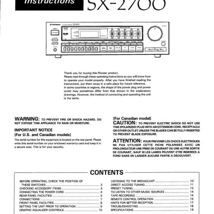 Pioneer SX-2700 Receiver Owners Manual