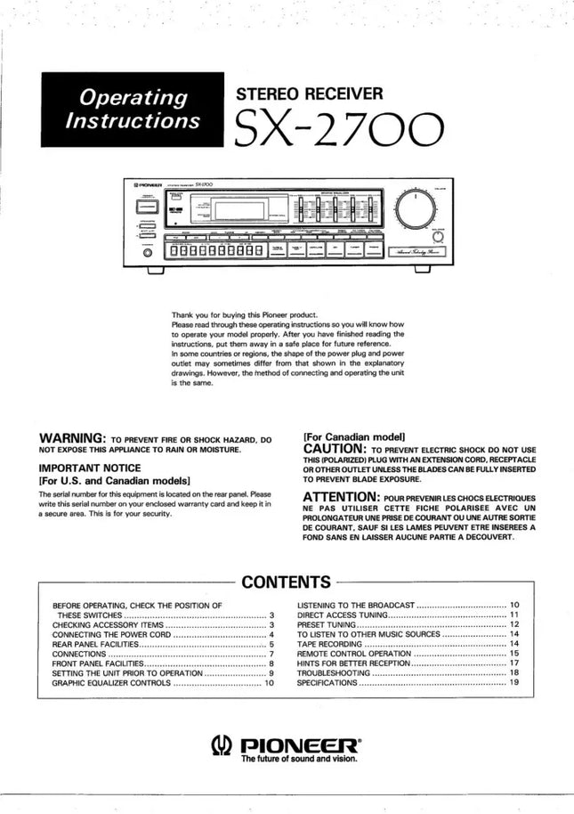 Pioneer SX-2700 Receiver Owners Manual