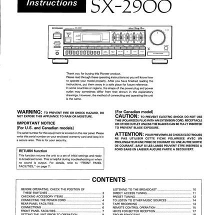 Pioneer SX-2900 Receiver Owners Manual
