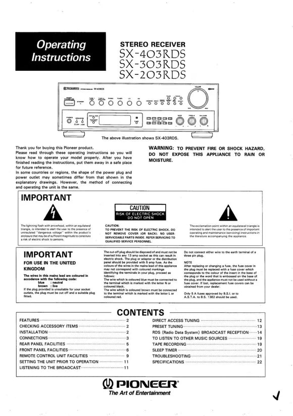 Pioneer SX-303RDS Receiver Owners Manual