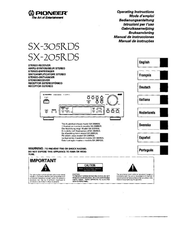 Pioneer SX-305RDS SX-250RDS RDS Receiver Owners Manual