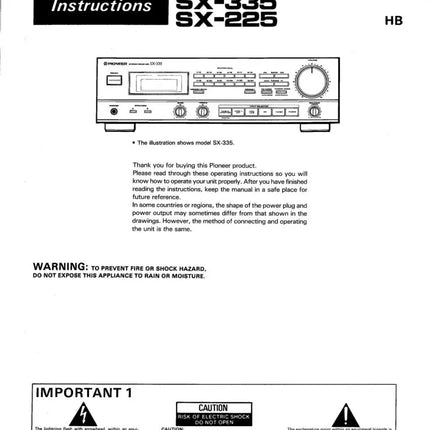 Pioneer SX-335 SX-225 Receiver Owners Manual