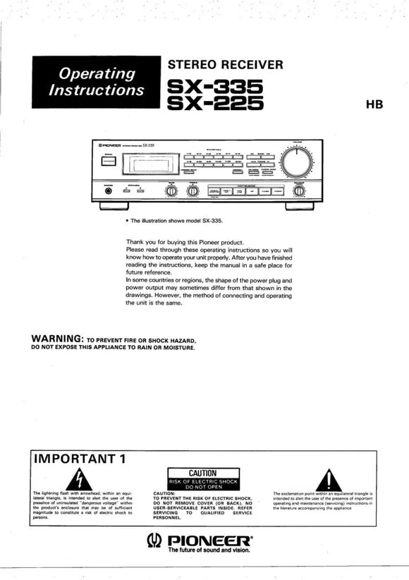 Pioneer SX-335 SX-225 Receiver Owners Manual