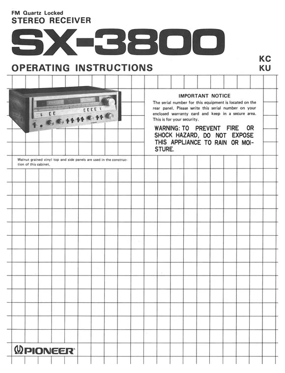 Pioneer SX-3800 Receiver Owners Manual