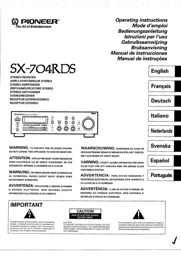 Pioneer SX-704 RDS Receiver Owners Manual