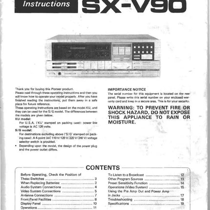 Pioneer SXV-90 Receiver Owners Manual