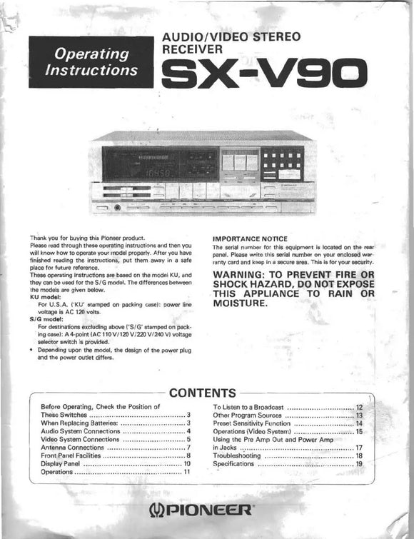 Pioneer SXV-90 Receiver Owners Manual