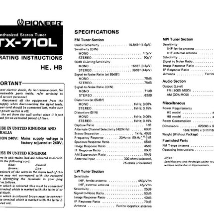 Pioneer TX-710 L Receiver Owners Manual