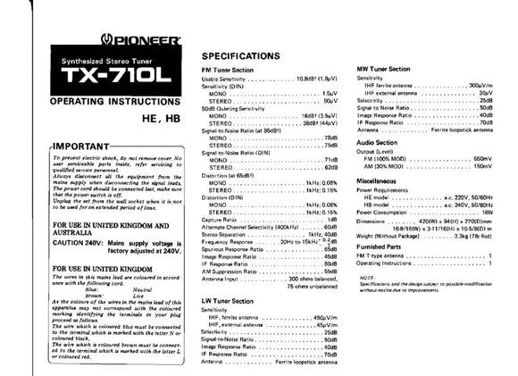 Pioneer TX-710 L Receiver Owners Manual