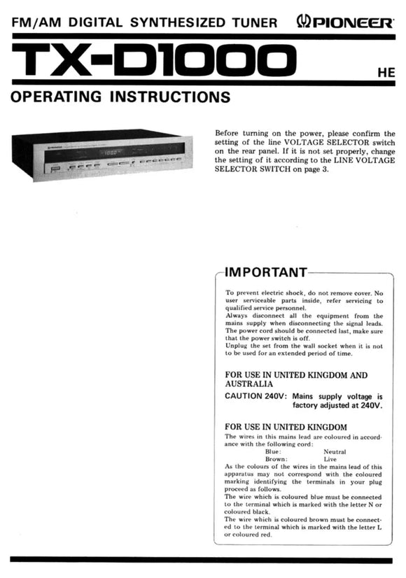 Pioneer TX-D1000 Receiver Owners Manual