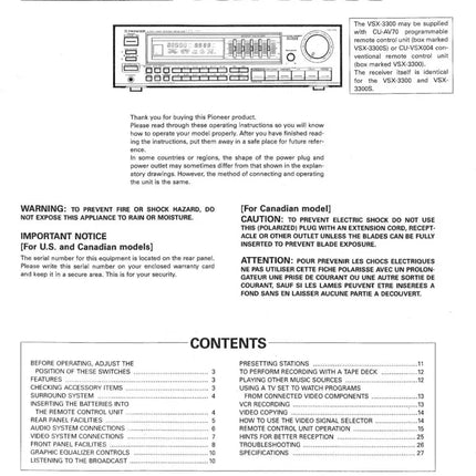Pioneer VSX-3300 Receiver Owners Manual