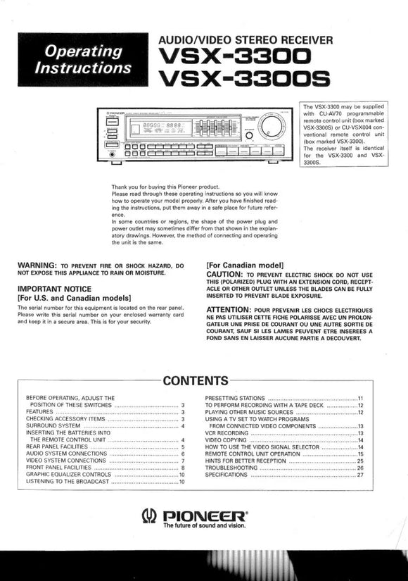 Pioneer VSX-3300 Receiver Owners Manual