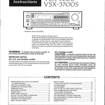Pioneer VSX-3600 Receiver Owners Manual