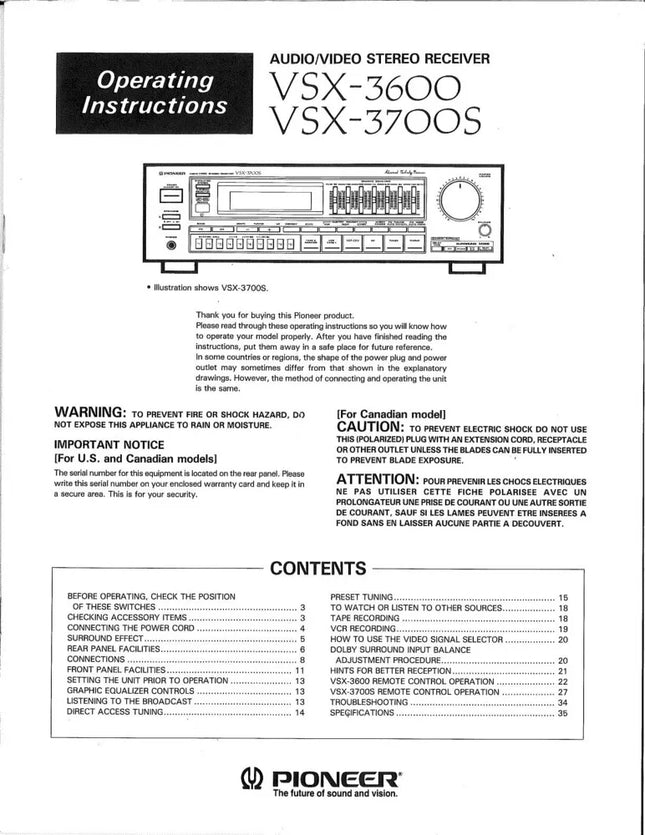 Pioneer VSX-3600 Receiver Owners Manual
