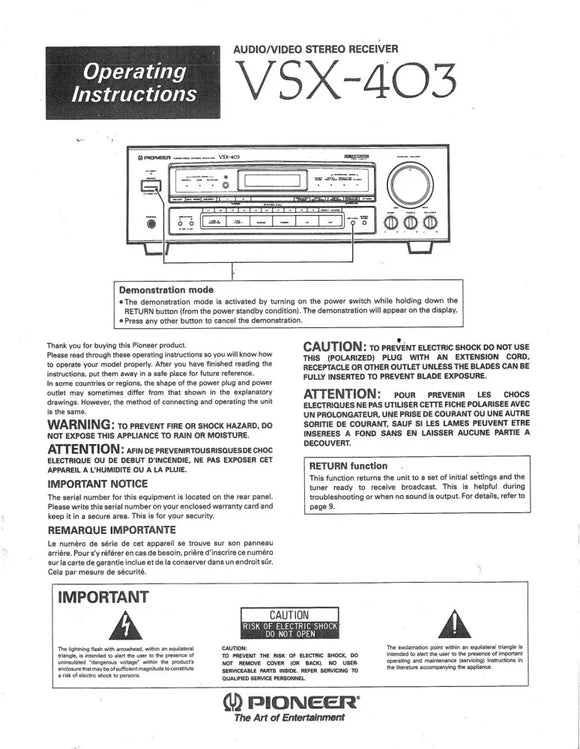 Pioneer VSX-403 Receiver Owners Manual