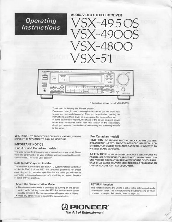 Pioneer VSX-51 Receiver Owners Manual