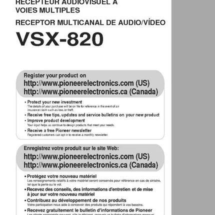 Pioneer VSX-820 Receiver Owners Manual