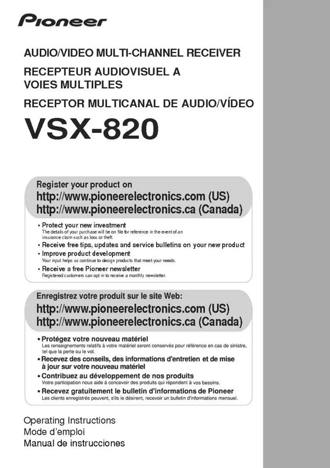Pioneer VSX-820 Receiver Owners Manual