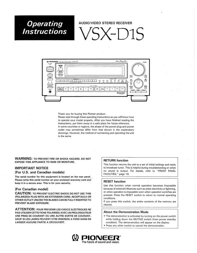 Pioneer VSX-D1S Receiver Owners Manual