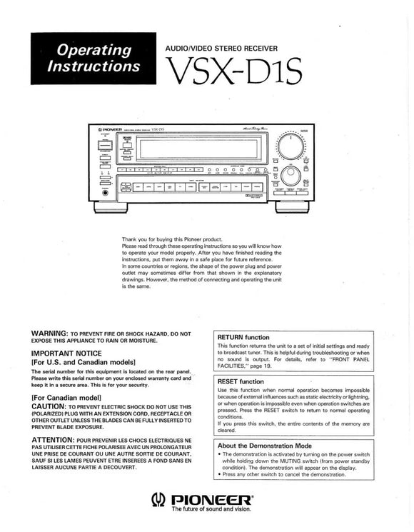 Pioneer VSX-D1S Receiver Owners Manual