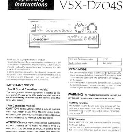 Pioneer VSX-D704S Receiver Owners Manual