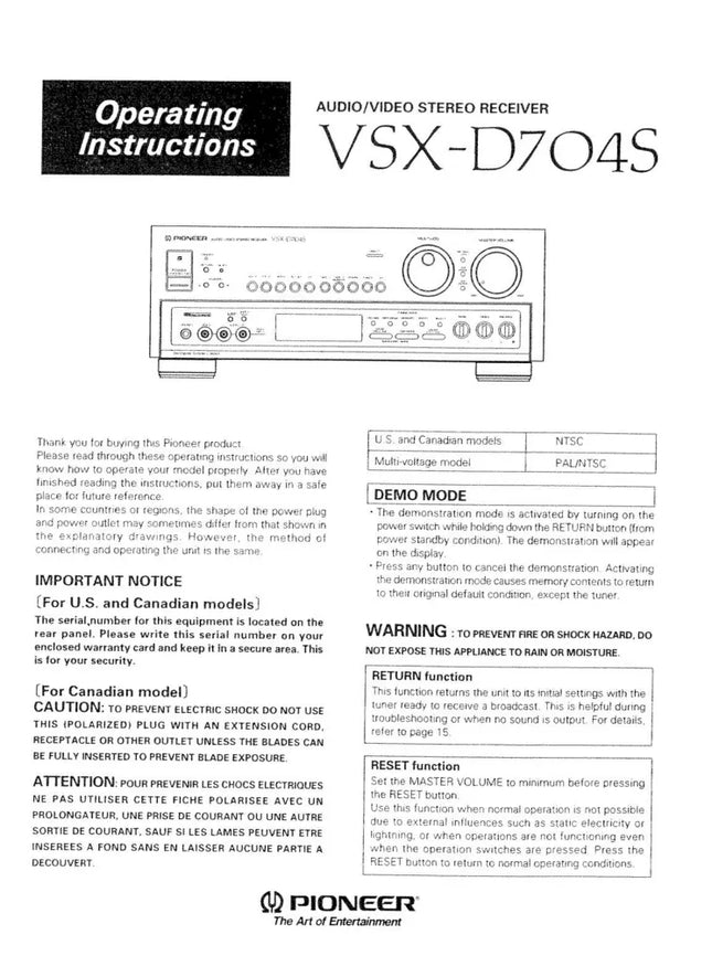 Pioneer VSX-D704S Receiver Owners Manual