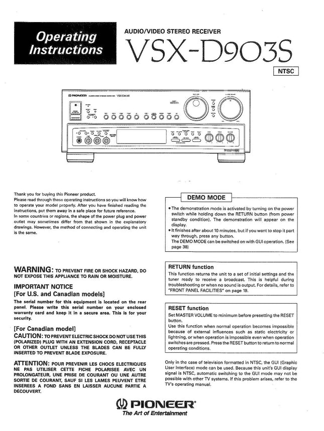 Pioneer VSX-D903S Receiver Owners Manual