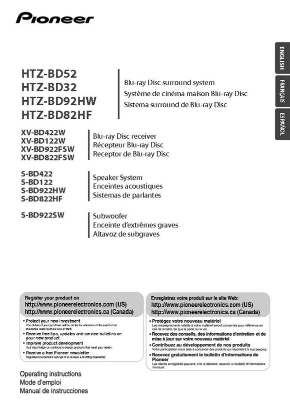 Pioneer XV-BD922FSW Blu ray Receiver Owners Manual