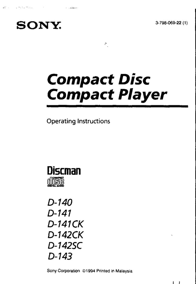 Sony D-141 CD Player Instruction Manual