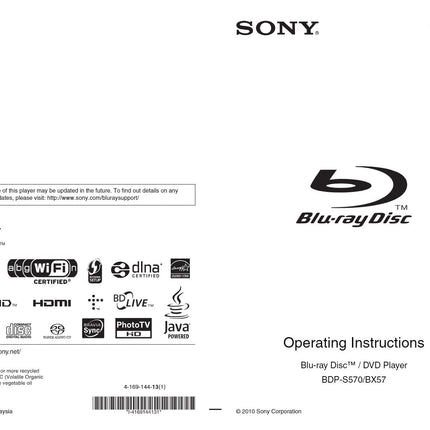 Sony  BDP-BX57 Blu-ray Player Owners Manual