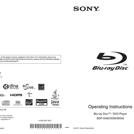 Sony  BDP-BX58 Blu-ray Player Owners Manual