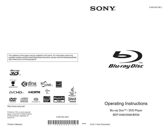 Sony  BDP-BX58 Blu-ray Player Owners Manual