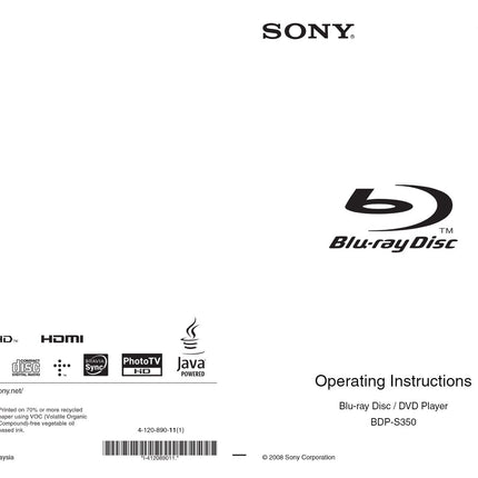 Sony  BDP-S350 Blu-ray Player Owners Manual