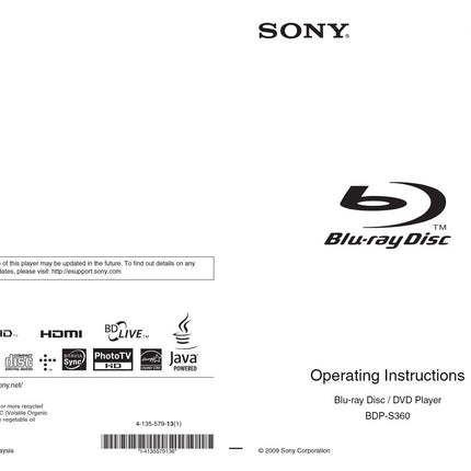 Sony  BDP-S360 Blu-ray Player Owners Manual