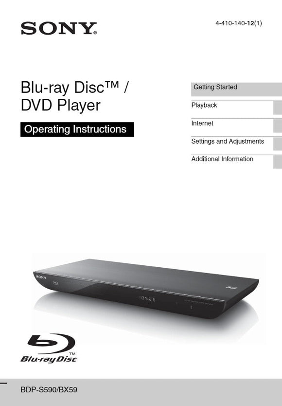 Sony  BDP-S590 Blu-ray Player Owners Manual