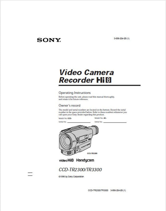 Sony CCD-TR3300 Camcorder Owners Manual