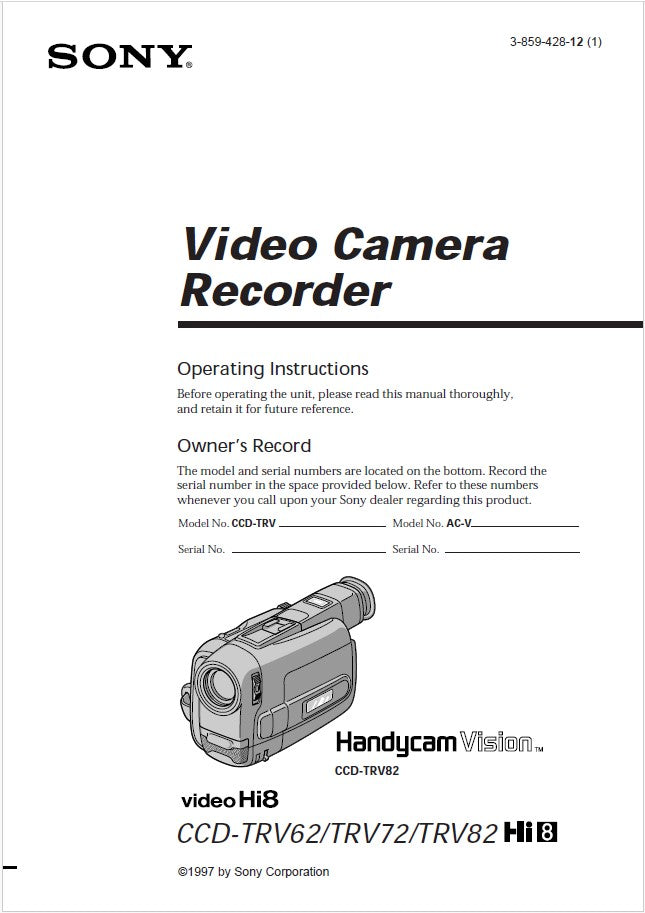 Sony CCD-TR62 Camcorder Owners Manual